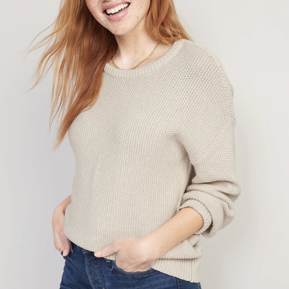 Old Navy Large Sweater Tunic Length Oatmeal Cream Long Sleeve Chunky Textured